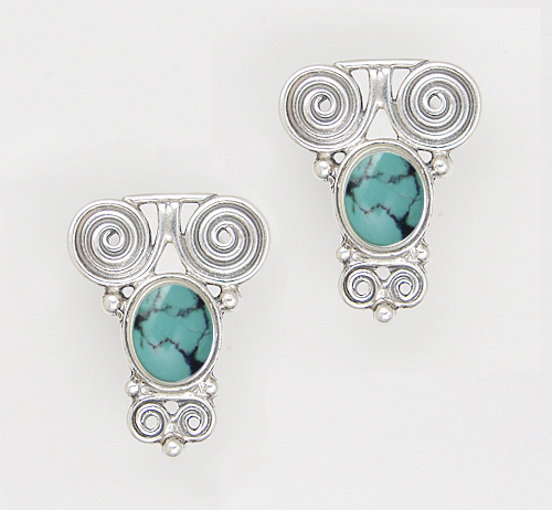 Sterling Silver And Chinese Turquoise Drop Dangle Earrings With an Art Deco Inspired Style